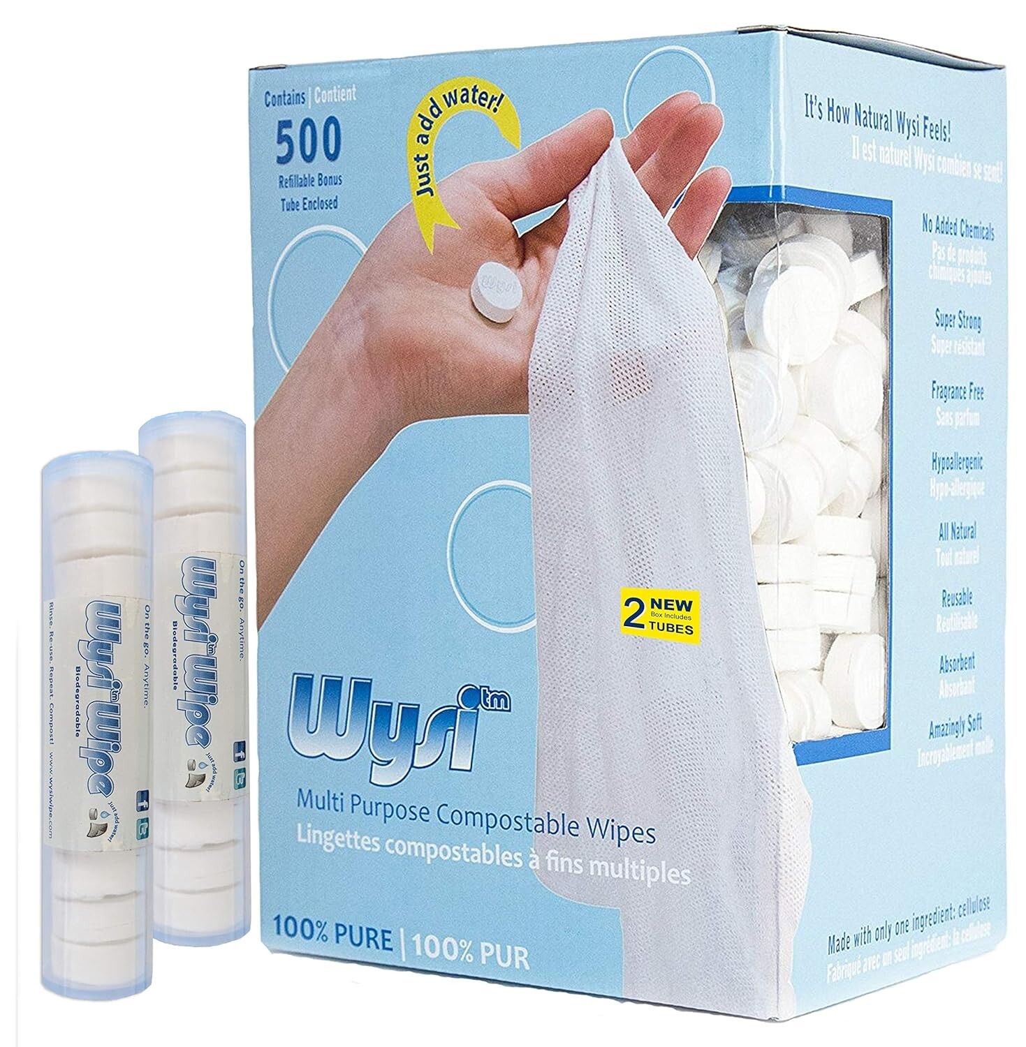 WYSI Multi-Purpose Expandable Wipes Add Water Box of 1000 Compressed Tablets NEW