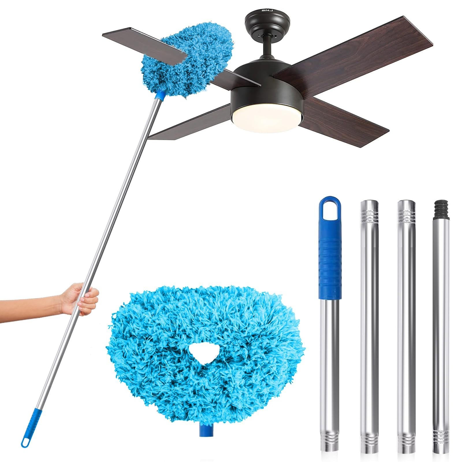 Microfiber Ceiling Fan Duster, Adjustable 13-48 Inch Pole, Removable Pads, Blue