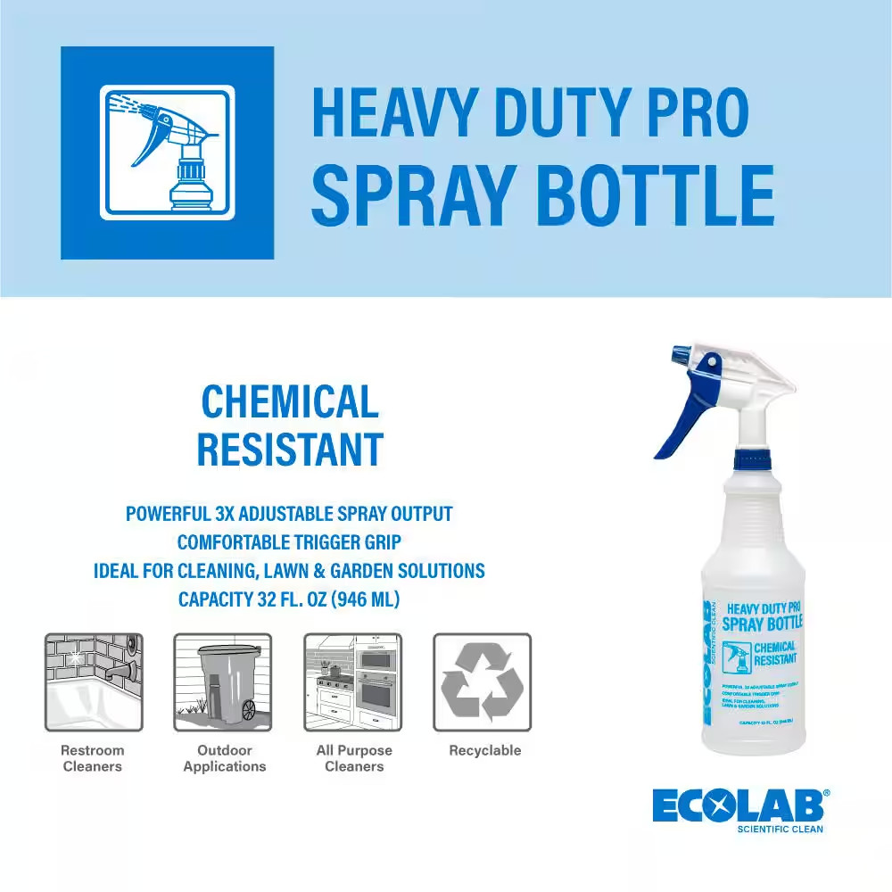 32 Oz. Heavy Duty Pro All Purpose Spray Bottle, Refillable Bottle with Adjustabl