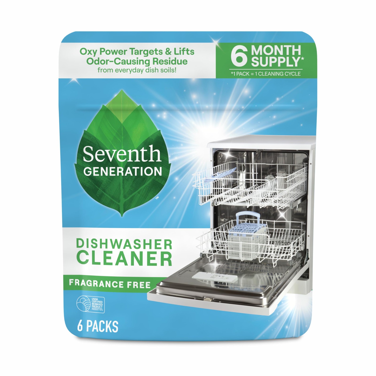 Dishwasher Cleaning Packs 6 Count Free & Clear Oxy Power Maintenance Biobased