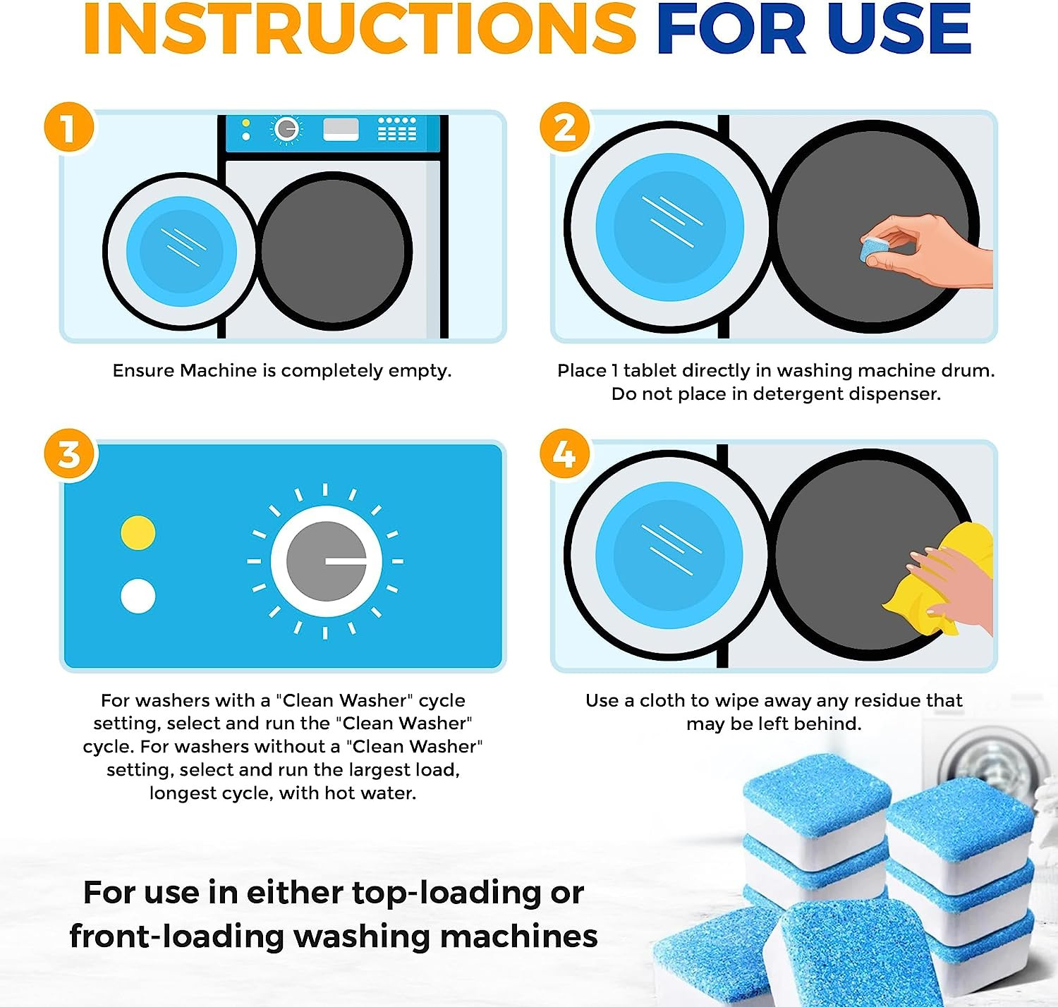 Washing Machine Cleaner, Deodorizer, & Descaler 6-Pack – Active Deep Cleaning Ta