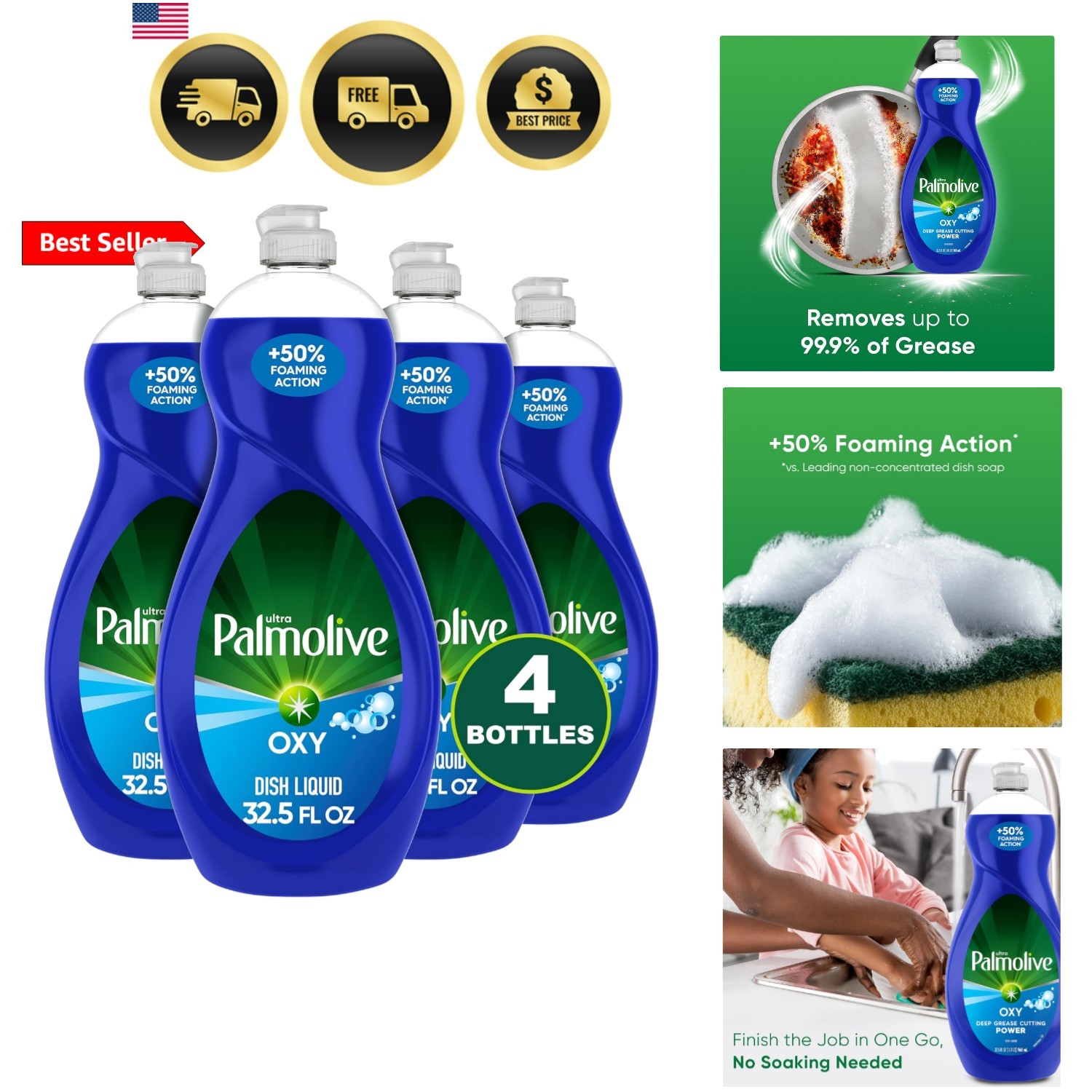 Ultra Dishwashing Liquid Dish Soap, Oxy Power Degreaser – 32.5 Fl Oz Pack of 4