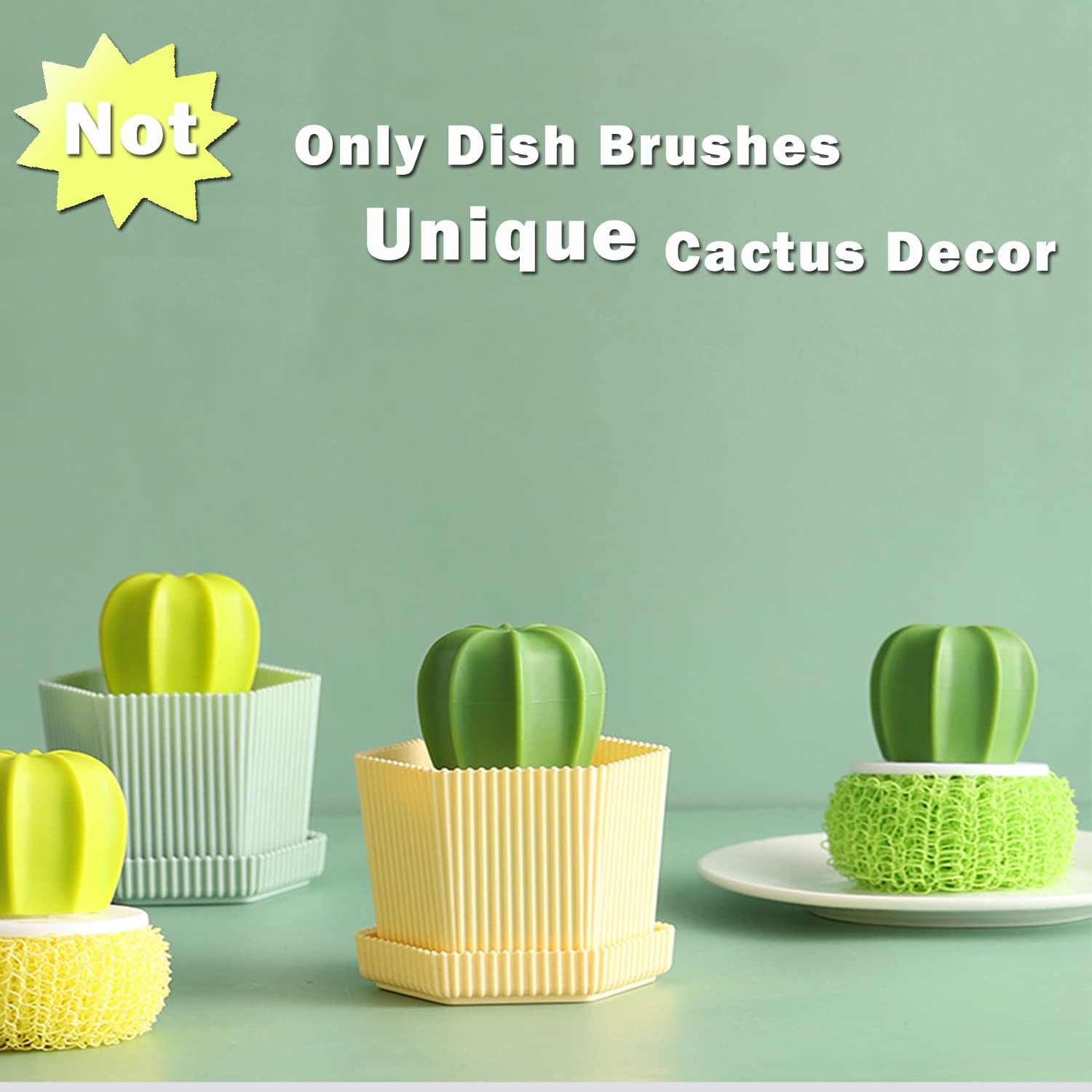 Cactus Mini Dish Brush Set with Drip Tray (3 Brushes), Durable Kitchen Cleani…