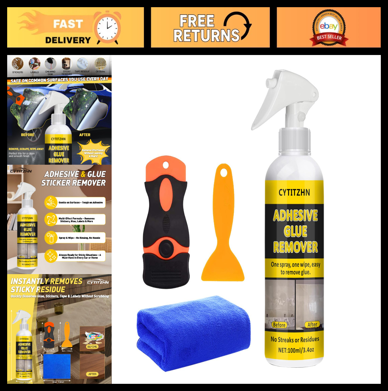 Powerful Adhesive Remover Spray – Sticker, Glue & Tape Residue Cleaner 3.4oz