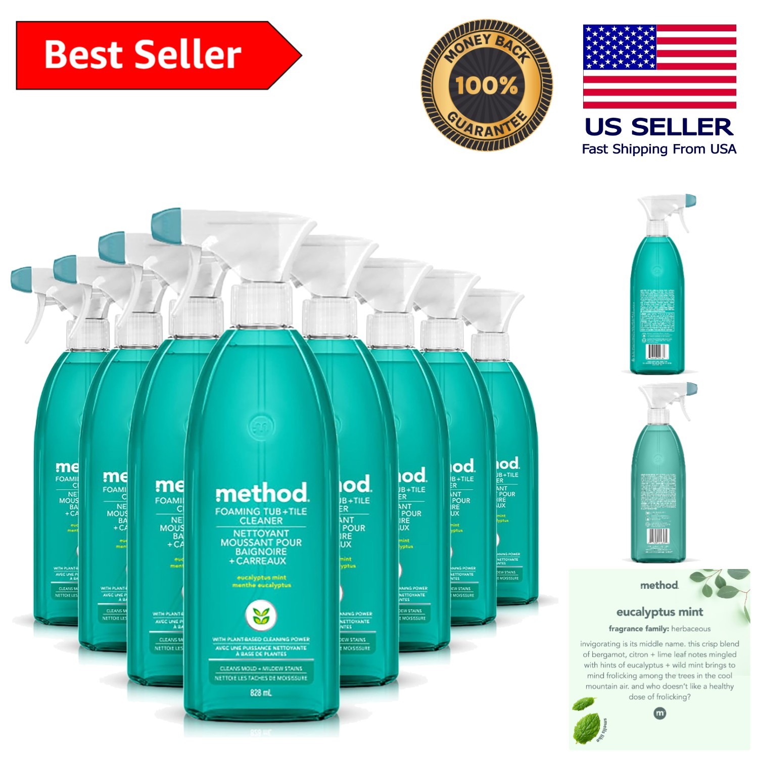 Biodegradable Foaming Cleaner for Tub & Tiles – Fresh Eucalyptus Mint, 8 Pack