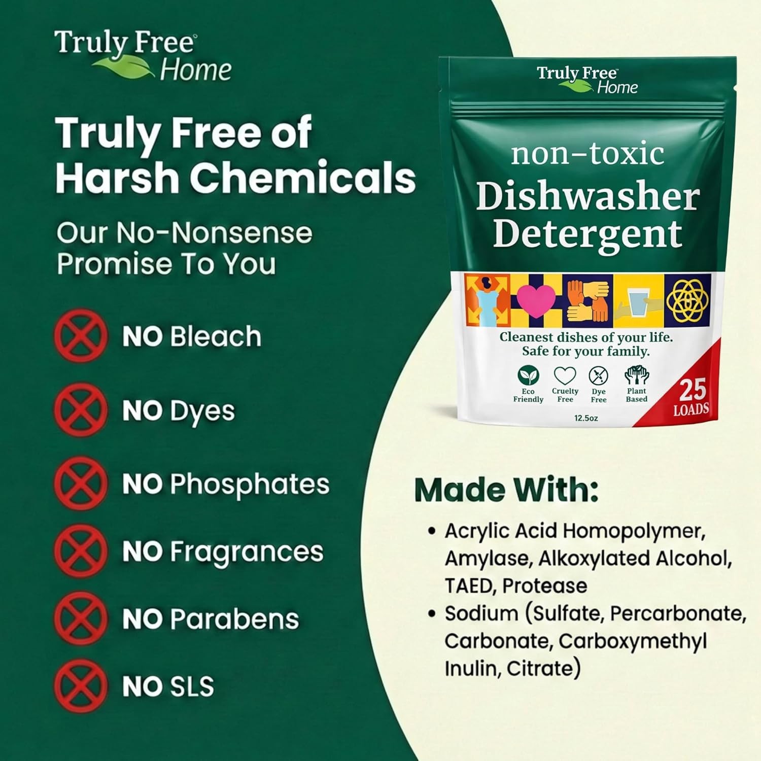 Truly Free natural dishwasher soap. Plastic-free, heavy duty stain remover