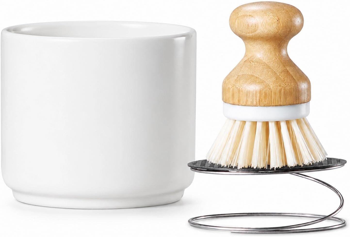 Bamboo Dish Brush with Ceramic Foaming Base, Kitchen Sink Scrub Brush Set wit…
