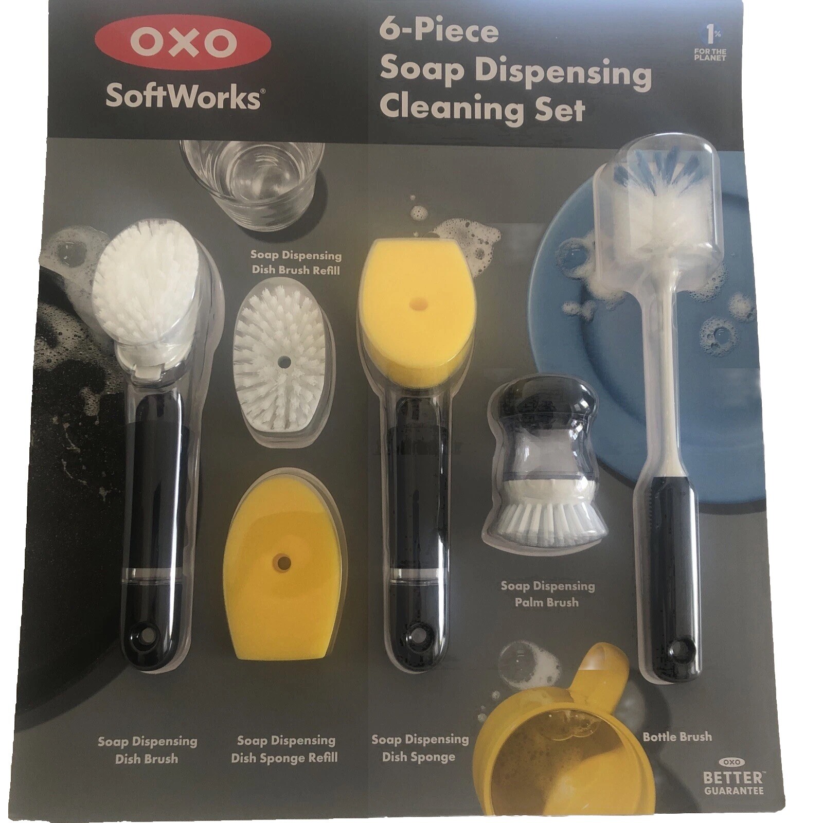 New OXO Softworks Goodgrips 6 Piece Soap Dispensing Cleaning Set Dish Brush