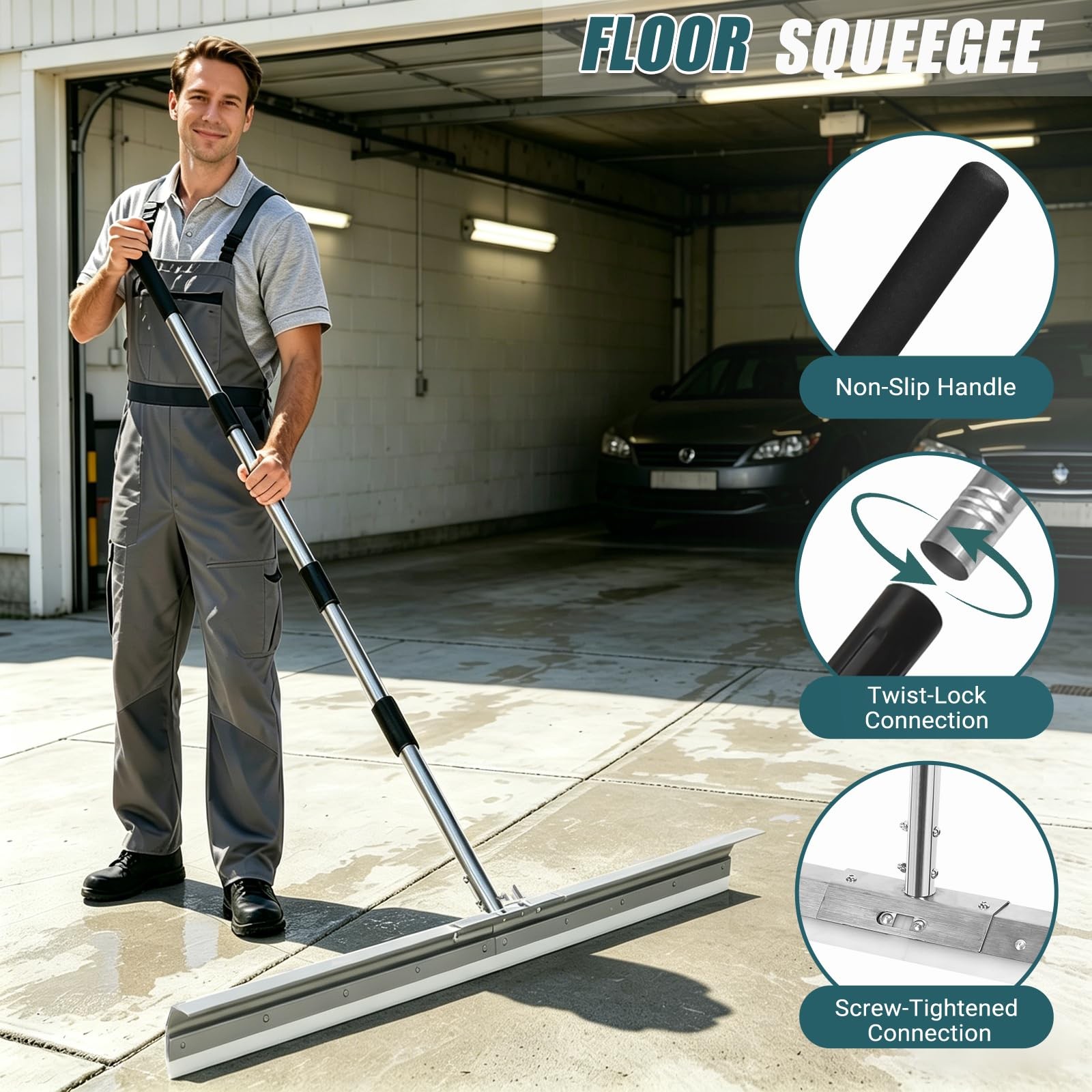 Large Floor Squeegee 33.4 Inch Silicone Blade 63 Inch Handle For Garage