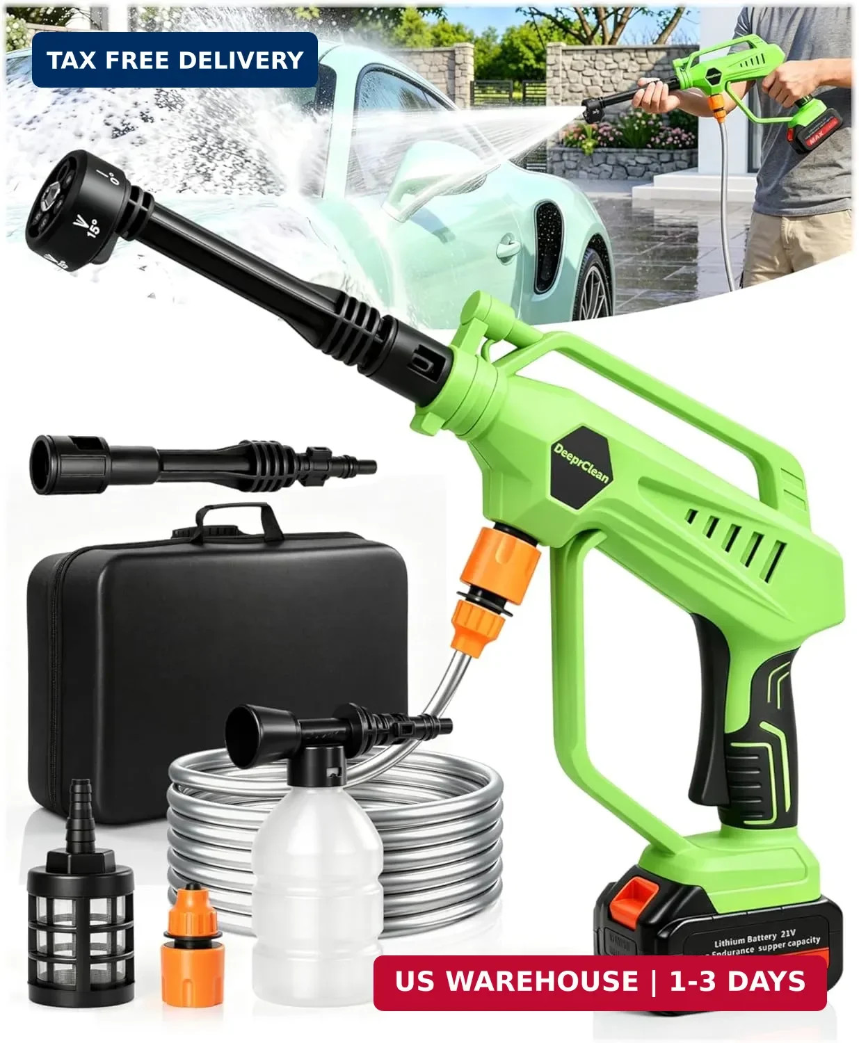 DeeprClean Cordless Car Washer with 6-in-1 Nozzle, Portable Vehicle Cleaning Too