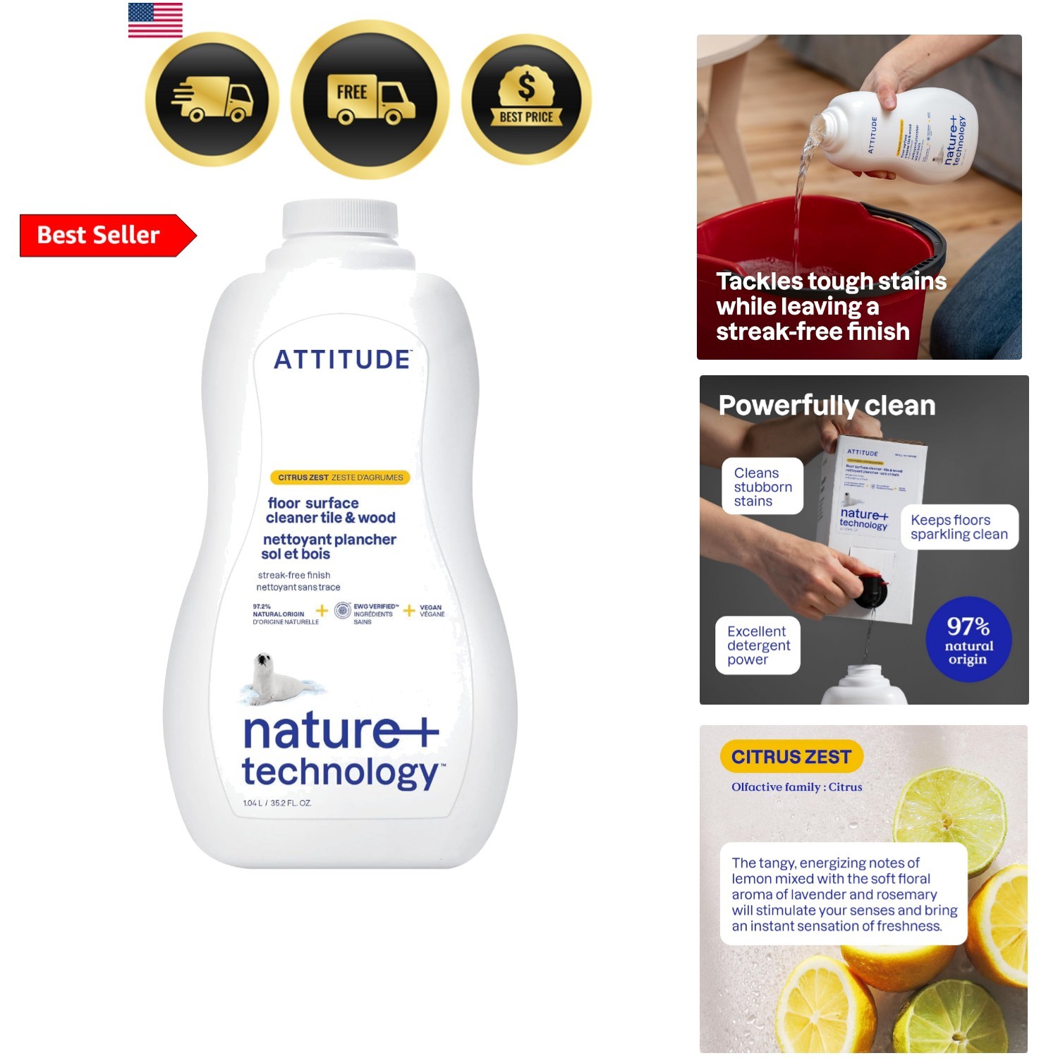 Floor Cleaner, EWG Verified, Streak-Free, & Plant-Based for Tile, Wood & Lam…