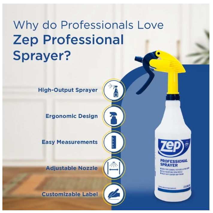 (3 pack) Zep Professional Plastic Spray Bottle, 32 oz, Adjustable Nozzle, Comfor