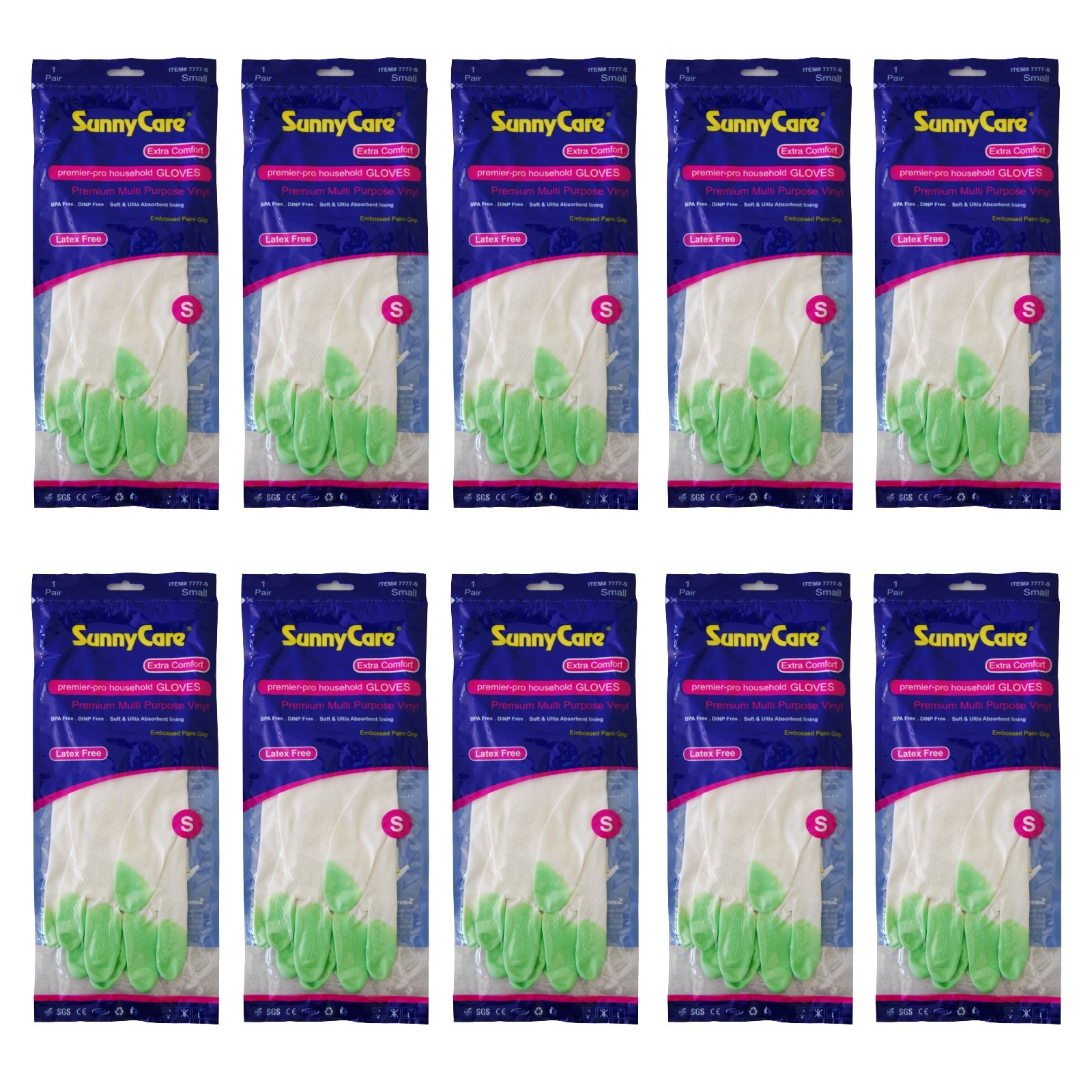 10Pairs SunnyCare Heavy Duty Household Cleaning Vinyl Gloves 13” S (Latex Free)