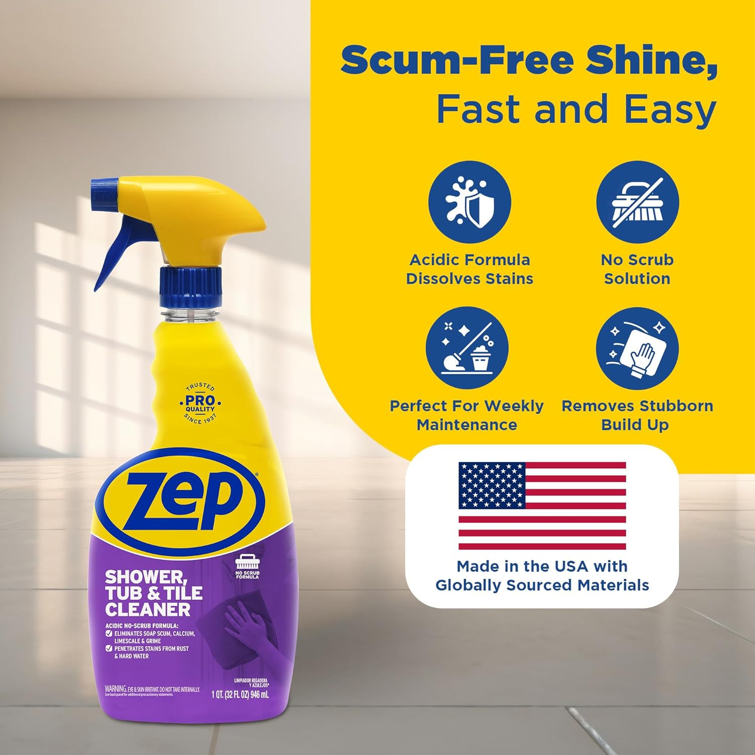 Shower Tub and Tile Cleaner 32 Oz ZUSTT32 (Case of 4) -Eliminates Hard Water Sta