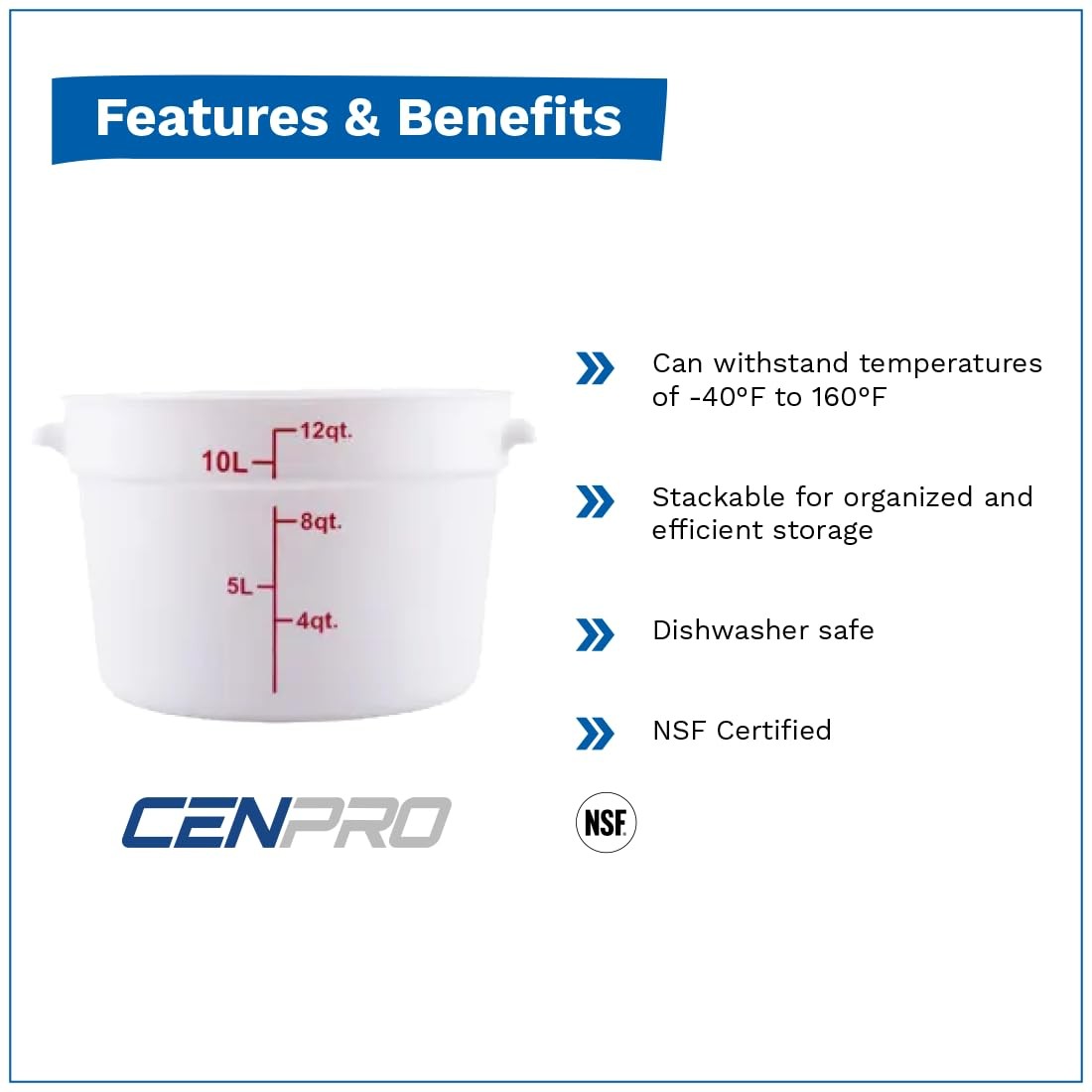 CenPro 29A-056 Round Food Storage Container – 12 Qt. Capacity – White – NSF