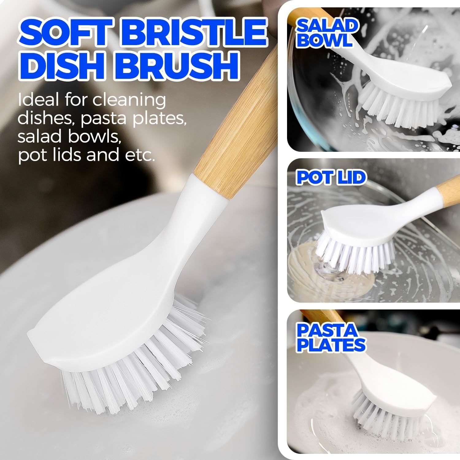 3 Pack Dish Brush Set with Bamboo Handle, Kitchen Brushes for Cleaning Pot, Sink