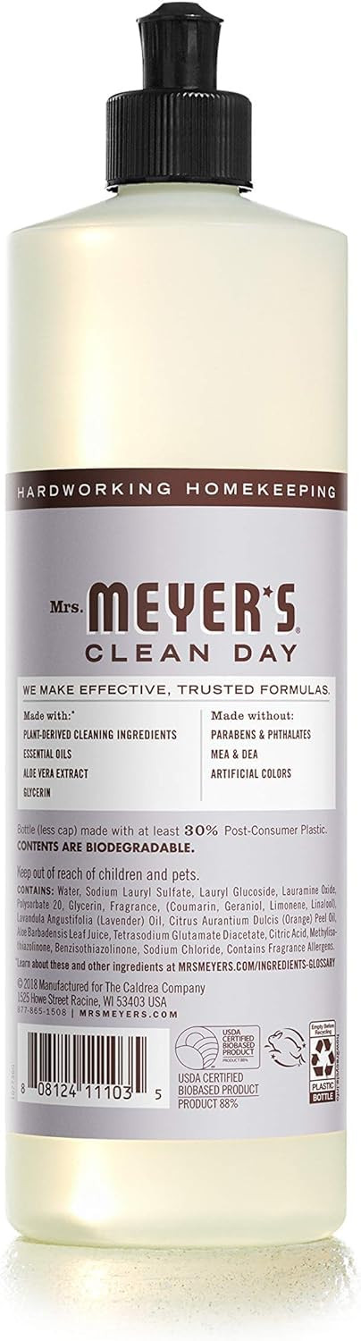 MRS. MEYER’S CLEAN DAY Liquid Dish Soap, Cruelty Free Formula, Lavender Scent…