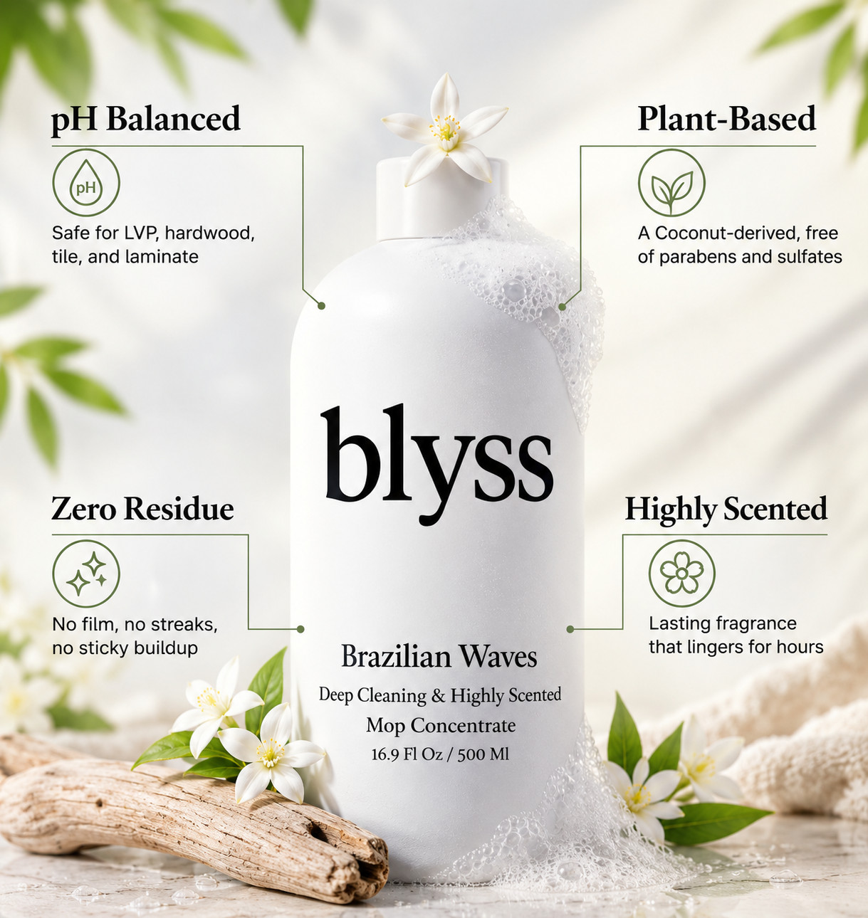 Blyss Brazilian Waves Mop Soap Concentrate 16.9 oz 500ml Hard Floor Cleaner