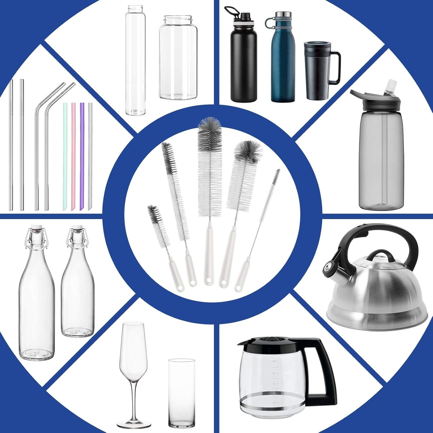 Juego de 5 cepillos de limpieza para botellas con soporte de almacenamiento