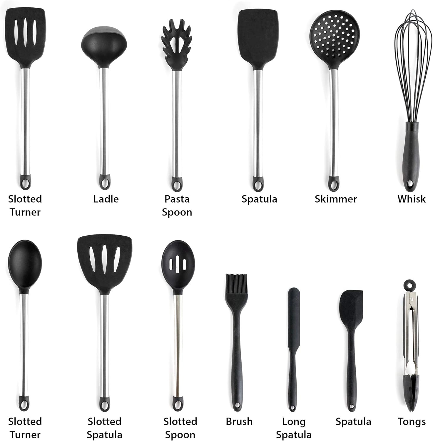 Tool Black Utensil Set, 14 Piece, Gray and Stainless Steel
