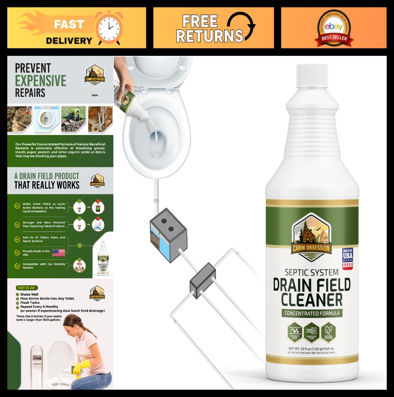 Professional Strength Septic System Cleaner – 32 oz Concentrated Shock Treatment