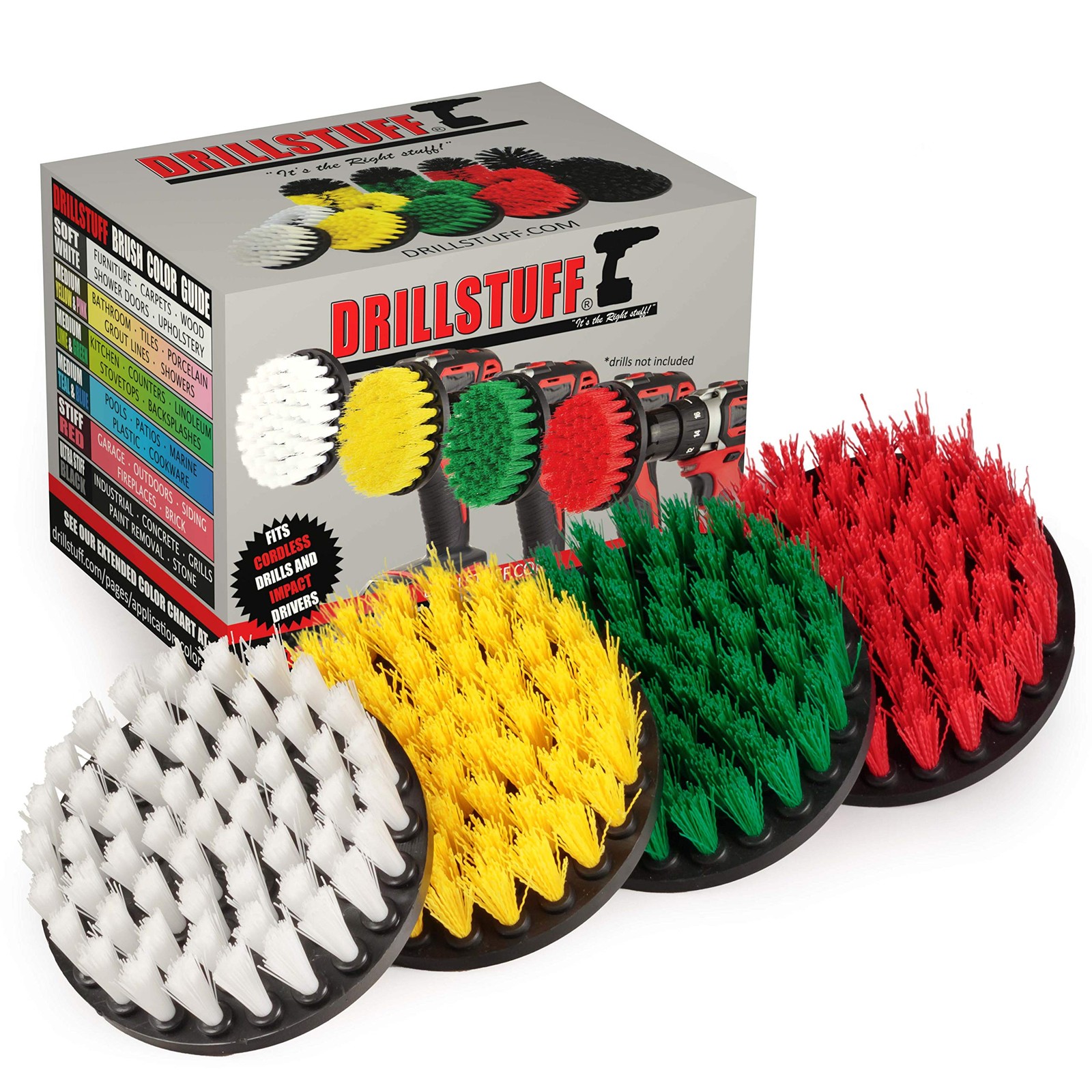 4in Drill Brush Attachment Set 4 Piece Soft Medium Stiff Nylon Scrub Brushes