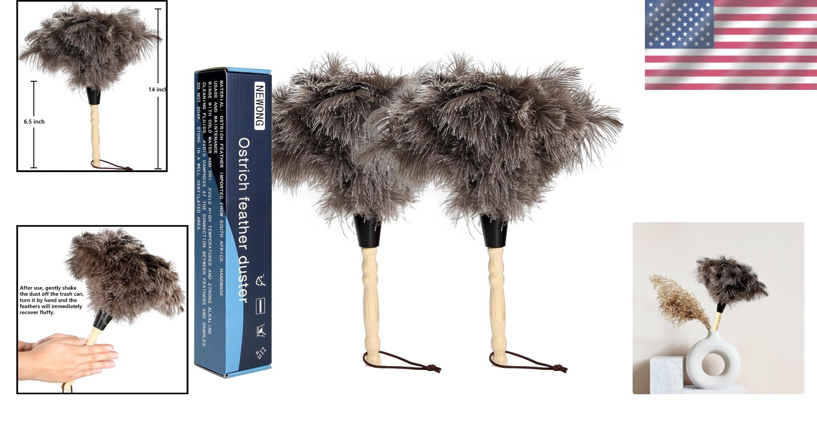 Ostrich Feather Duster 2pcs Natural Feathers with Wooden Handle for Cleaning