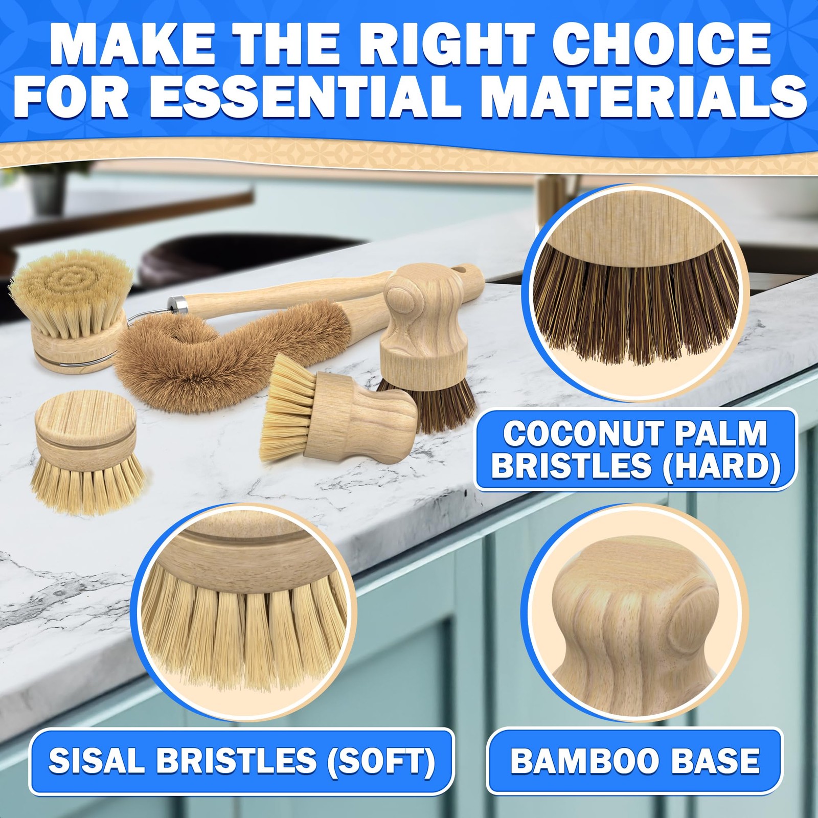 5 Pcs Bamboo Dish Brush Set â€“ Bamboo Dish Scrubber with Soft & Stiff Non-Scra