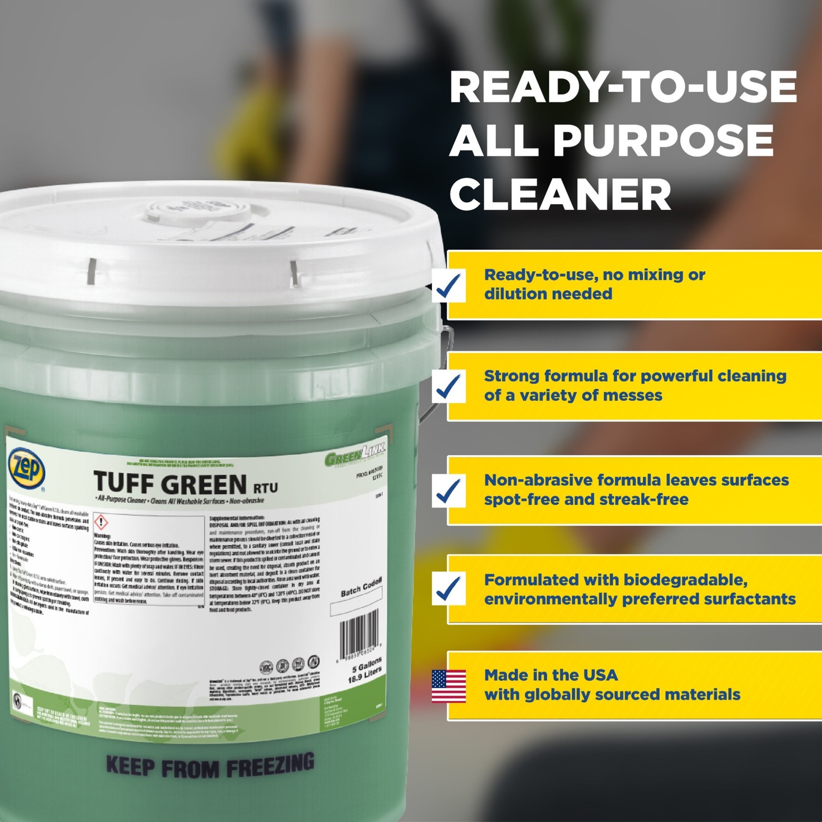 Zep Tuff Green RTU All-Purpose Cleaner – 5 Gallon (Each) 65039 – Quickly Cuts