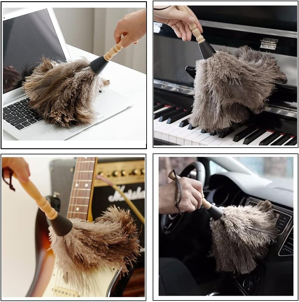 Ostrich Feather Duster 2pcs Natural Feathers with Wooden Handle for Cleaning