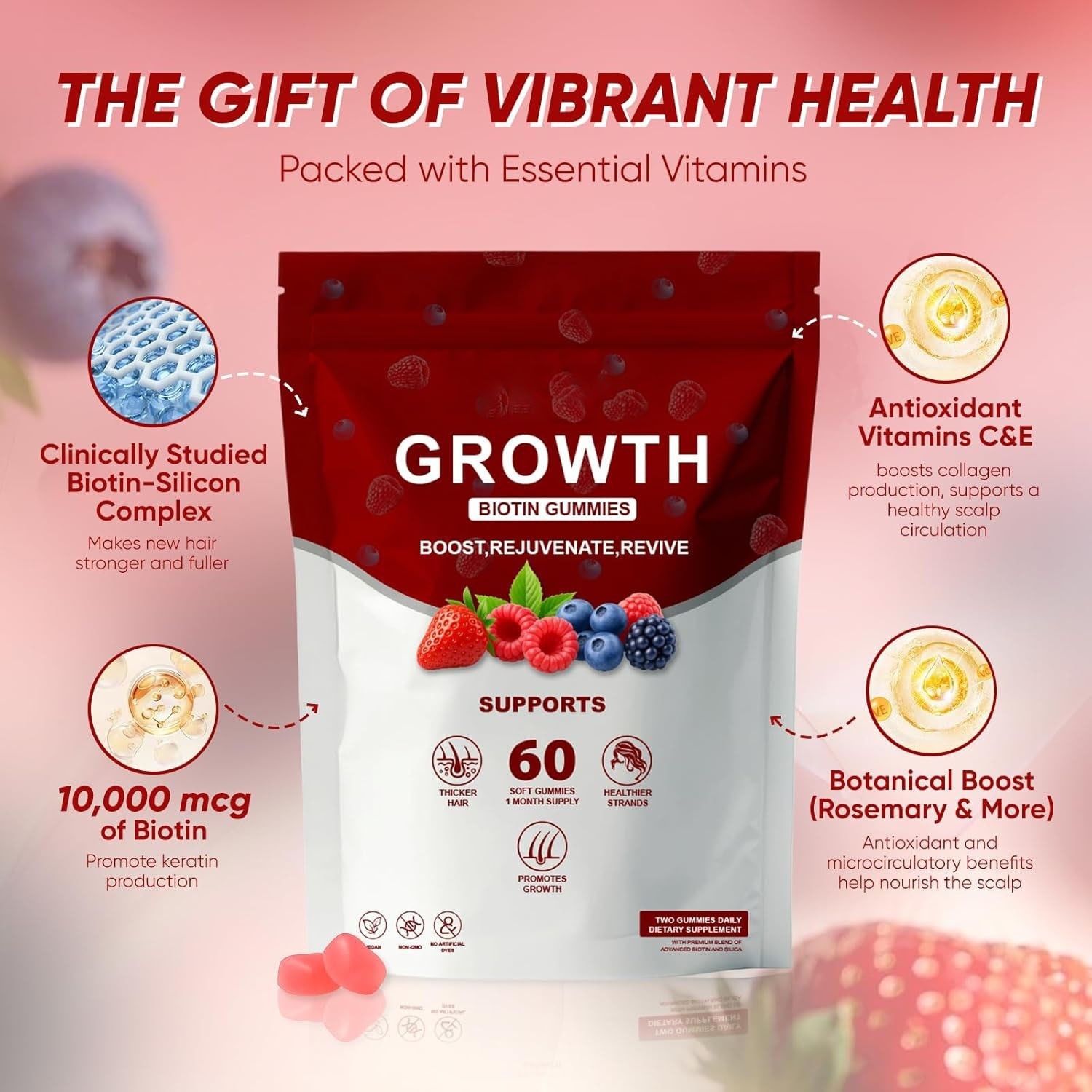 Hair Growth Gummies – Biotin, Vitamins Plant Extracts, Supports Health…