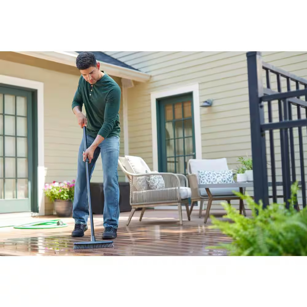 12 In. Plastic Deck Scrub Brush with 50 In. Handle (1-Pack)