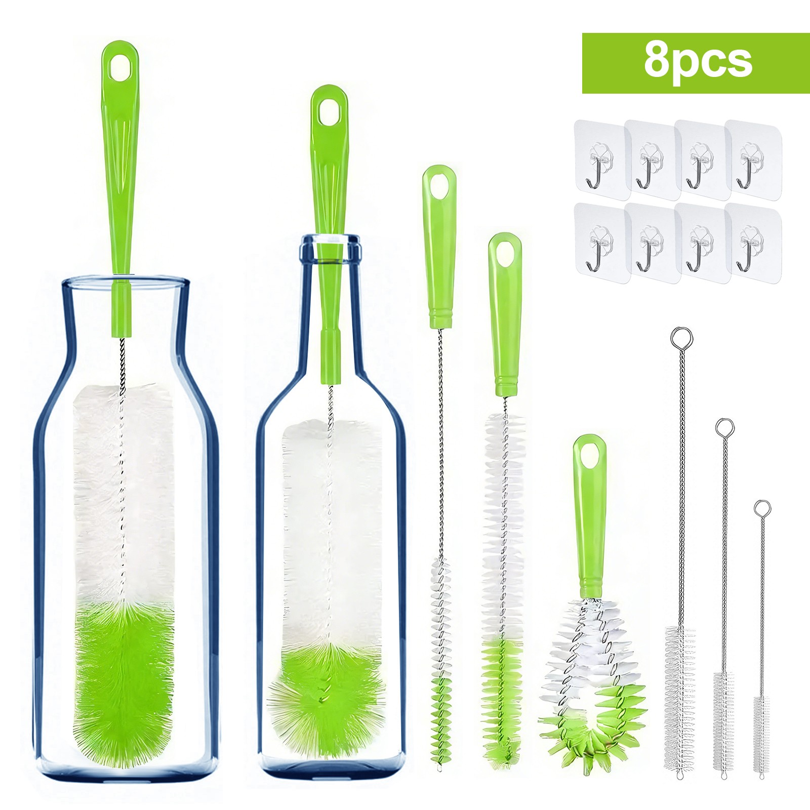 8PCS Long Handle Bottle Brush Set Plastic Cleaner Bottles Straws Cups Blue Green