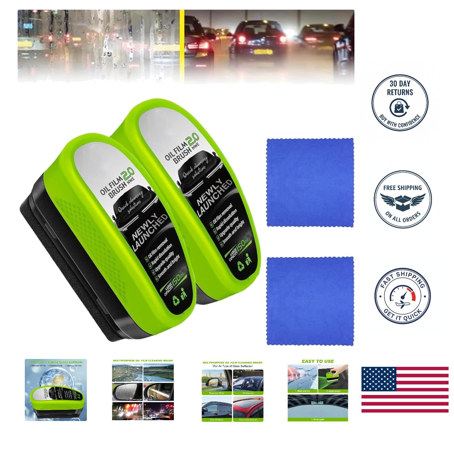 2025 New Automotive Oil Film Cleaning Brush, Clear Vision Glass Cleaner, 2 PACK
