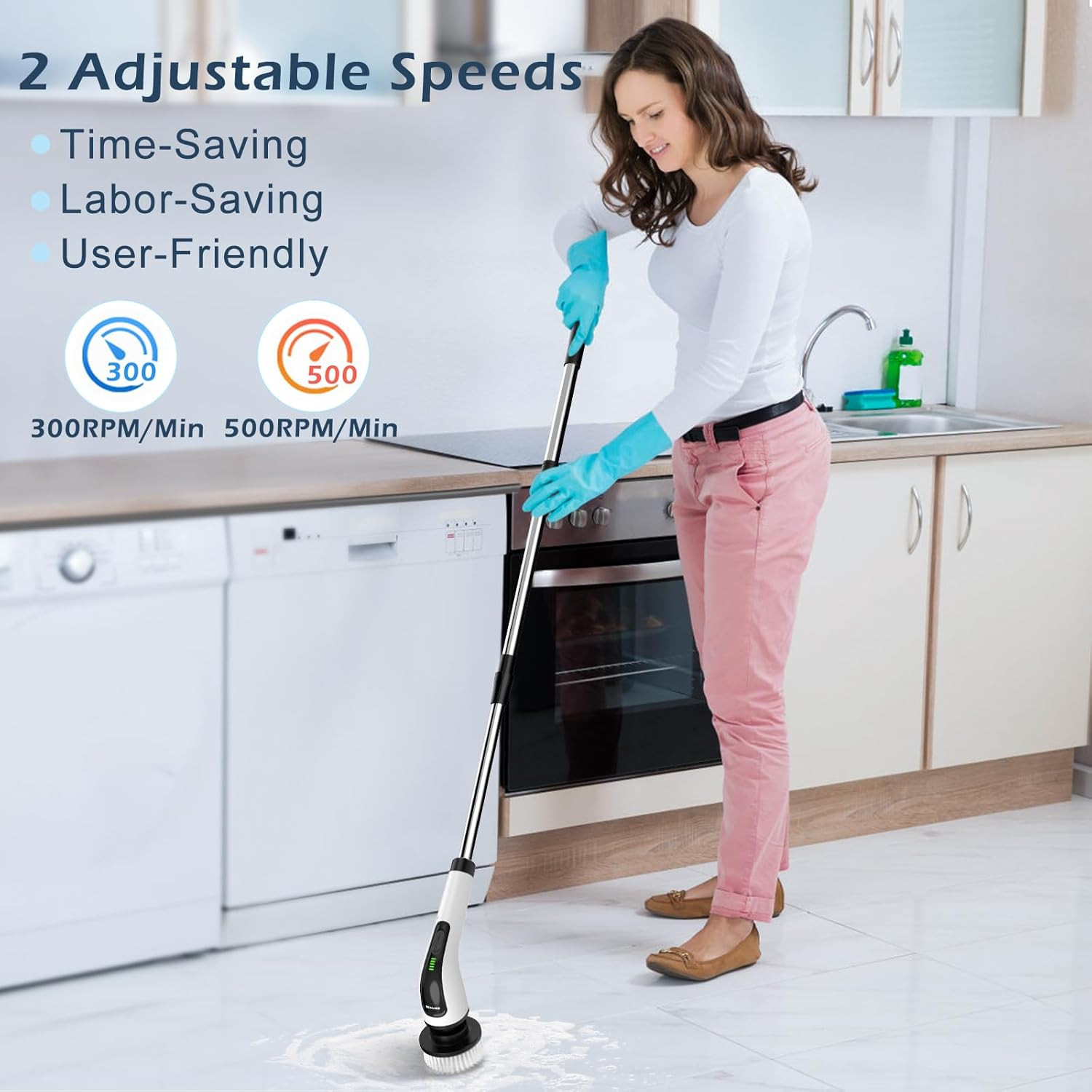 Electric Spin Scrubber – 3000mAh, 3‑Length Adjustable, 300/500RPM, 8 Brush Heads