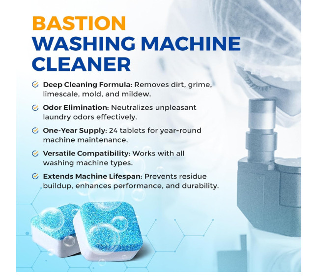 Bastion Washing Machine Cleaner, Deodorizer, & Descaler – 24 pack