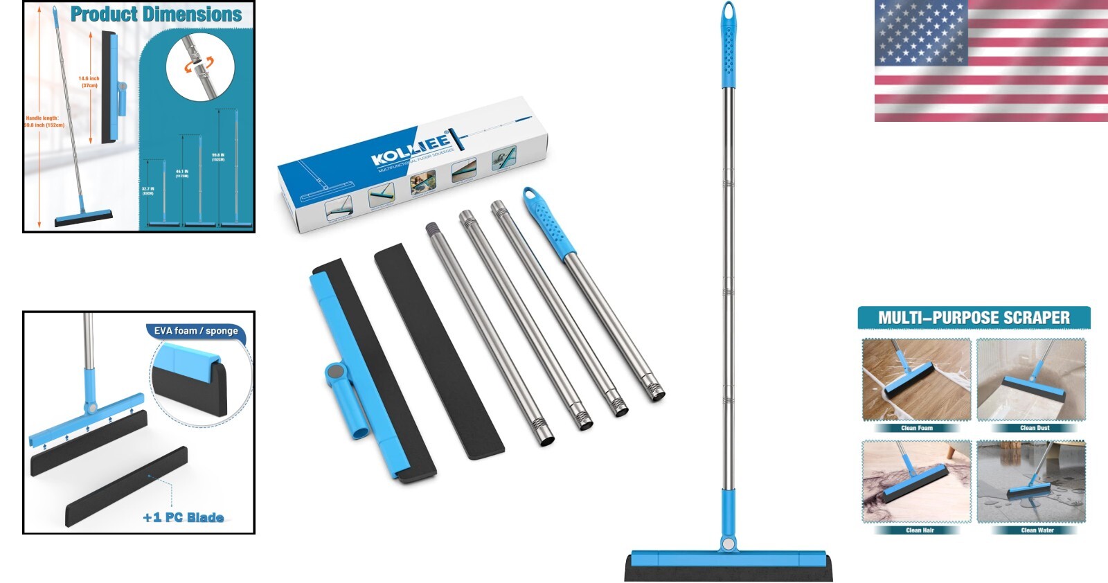 Long Handle Squeegee – 59″ Adjustable Foam Blade for Fast and Effective Cleaning