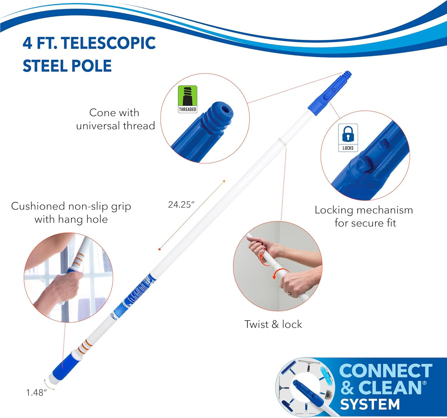 Speed Clean with 4Ft Pole and Extra Reusable Pads, Indoor Window Cleaner, Househ