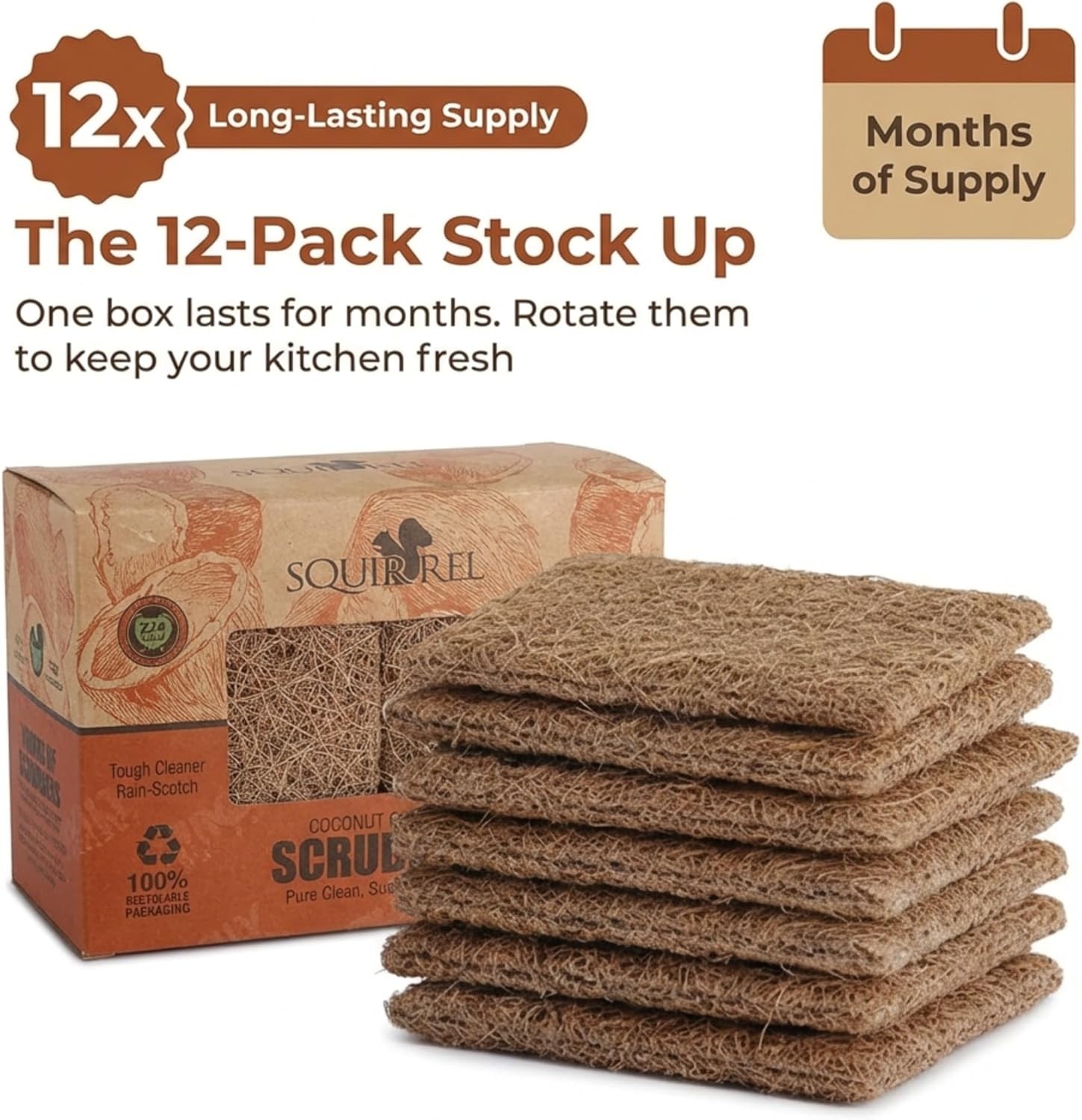 Natural Coconut Coir Fiber Kitchen Scrubbers 12 Pack Biodegradable Non Scratch