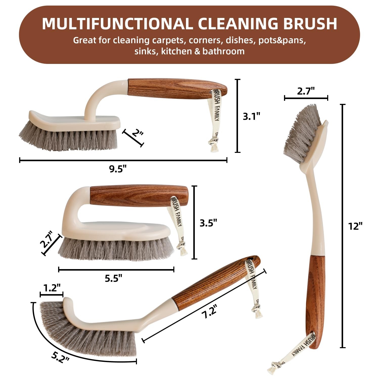 Scrub Brushes Set of 4 with Wooden Handles, Triangle & Square – Medium-Firm