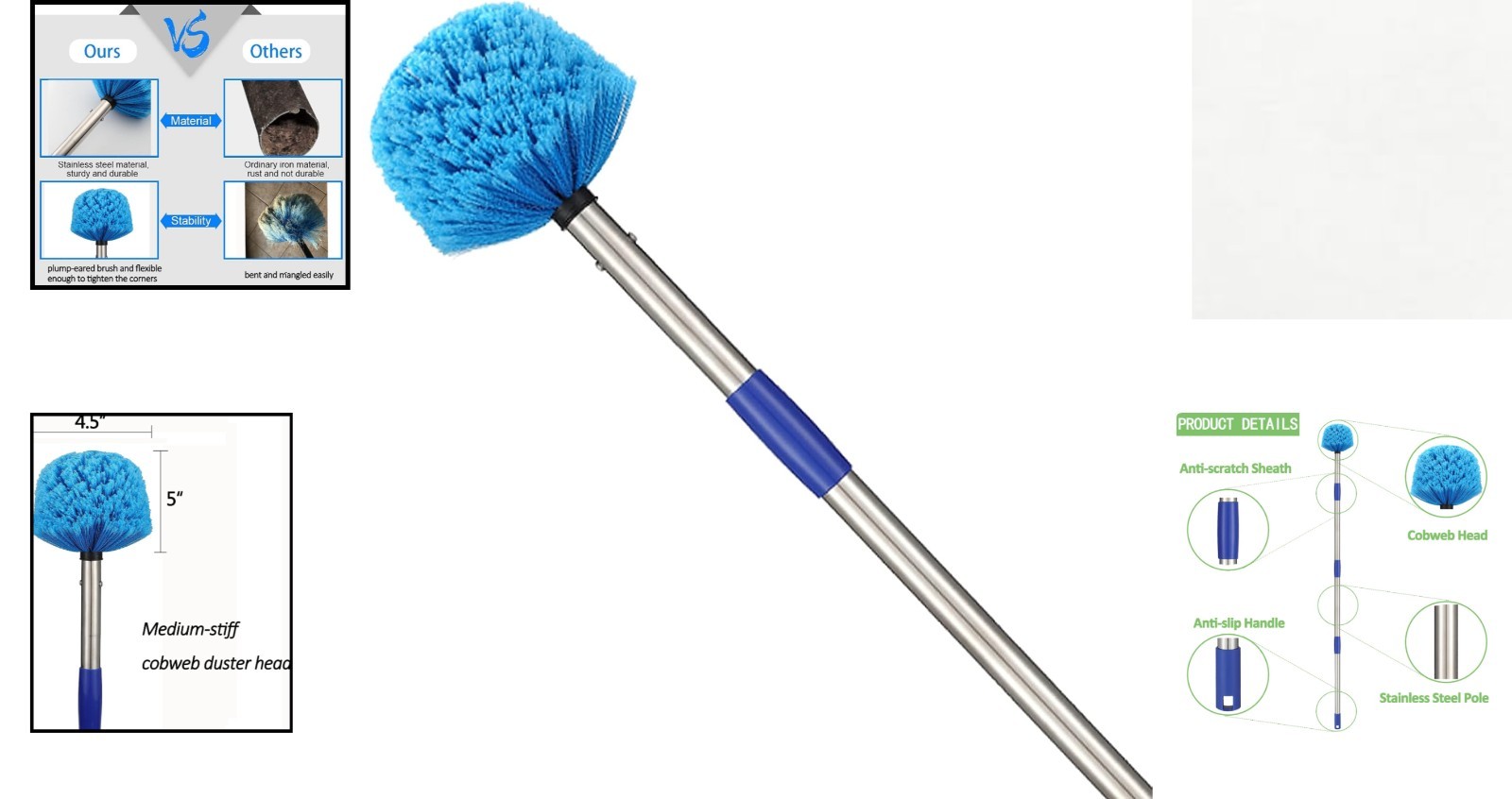 Bendable 8FT Cobweb Cleaner with Extendable Pole for Indoor and Outdoor Use