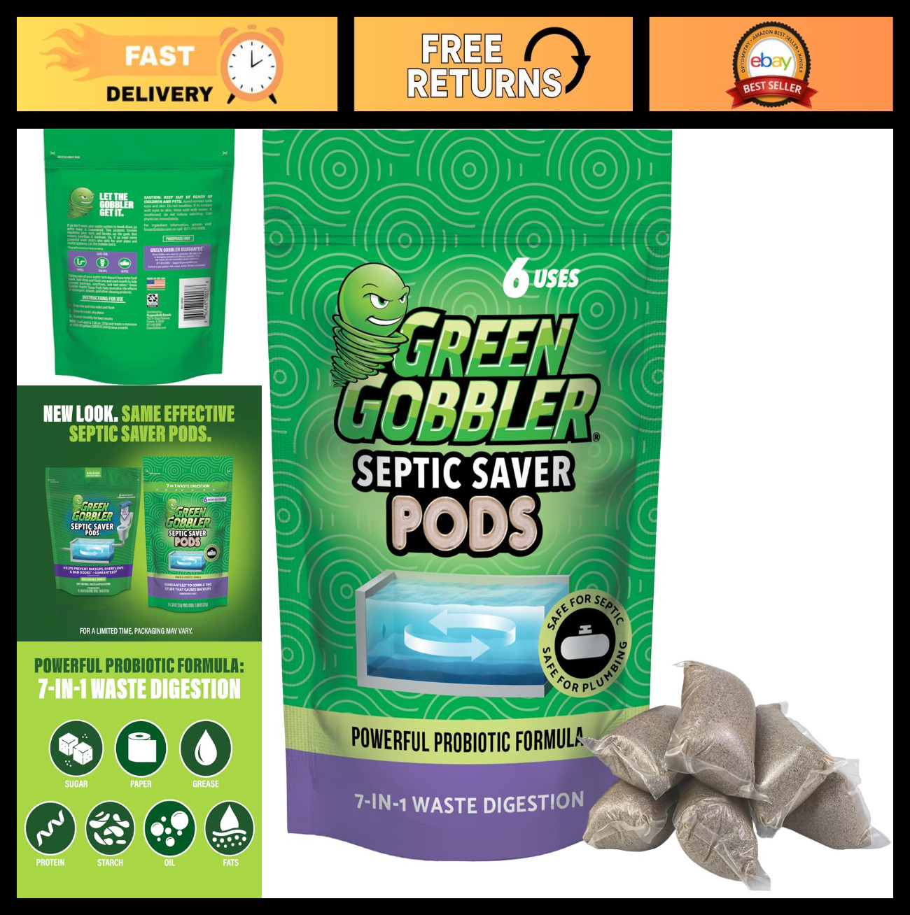 Septic Tank Enzyme Treatment Packets – 6 Month Supply, Natural Bacteria for Back