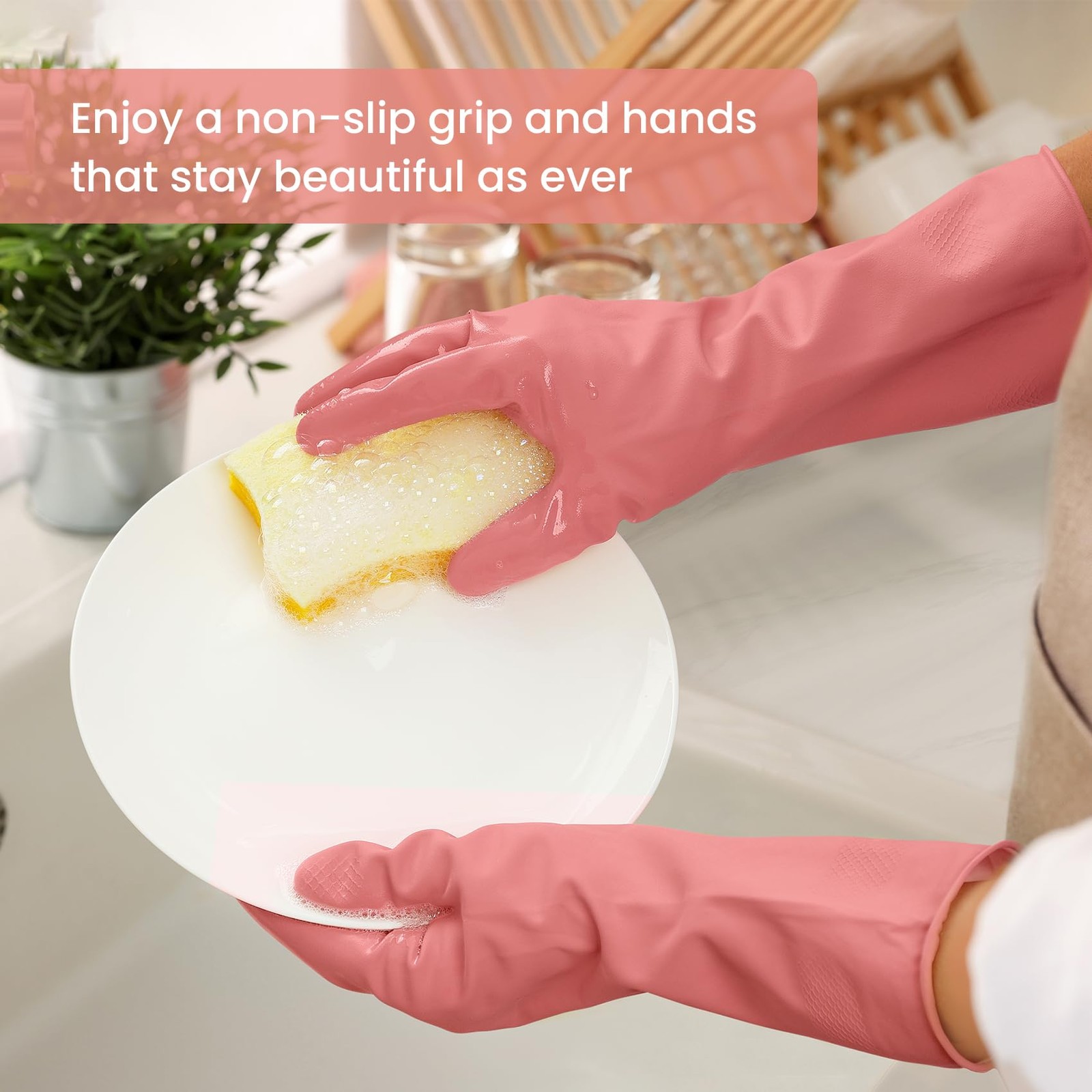 Rubber Cleaning Gloves for Dishwashing, 4 Pairs Reusable Large, A-boho