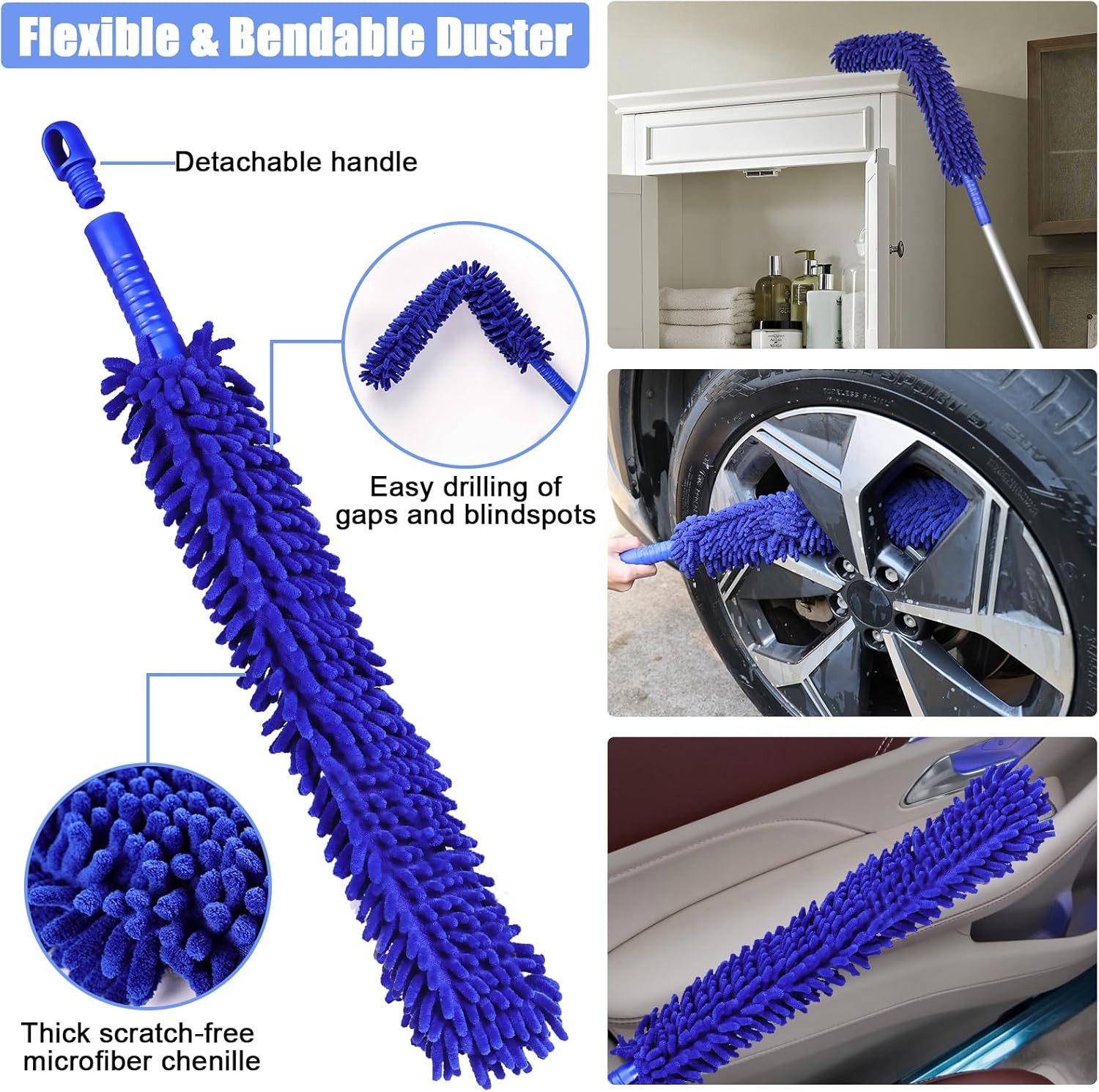 62″ Microfiber Car Wash Brush with Long Handle, Car Washing Blue Set Mitt, Spong