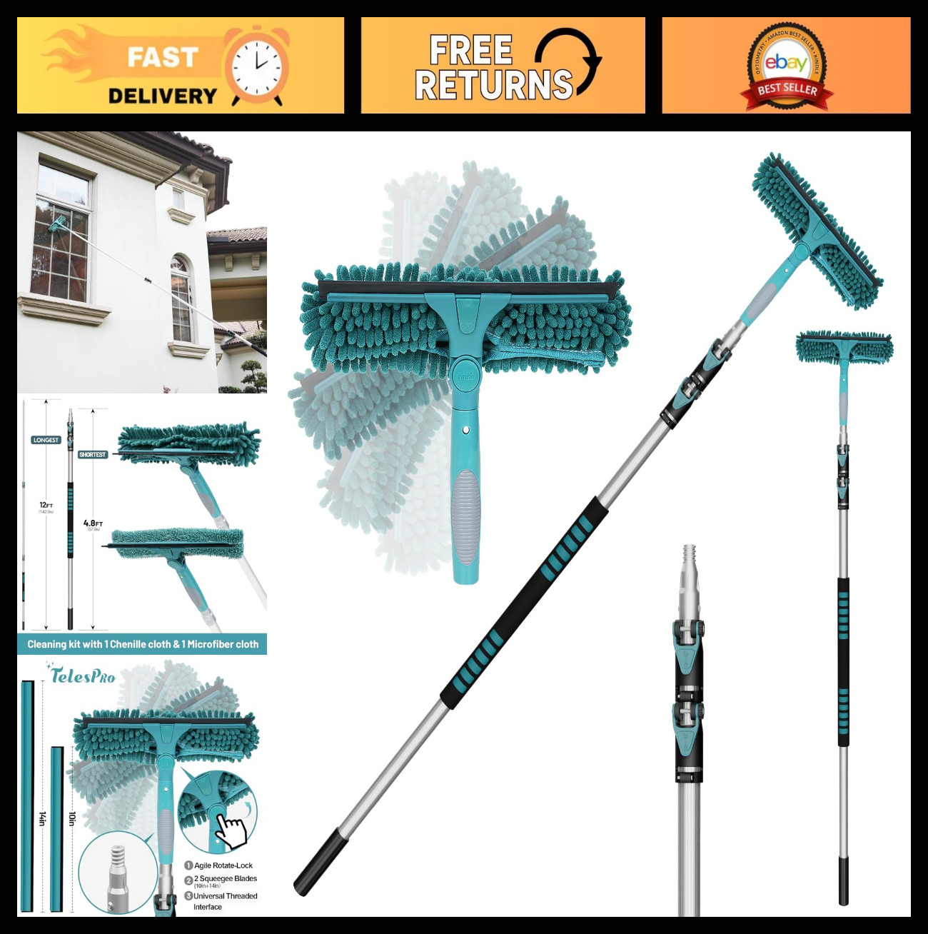 20ft High Reach Window Squeegee with Extension Pole, Telescoping Cleaner Kit, 3-