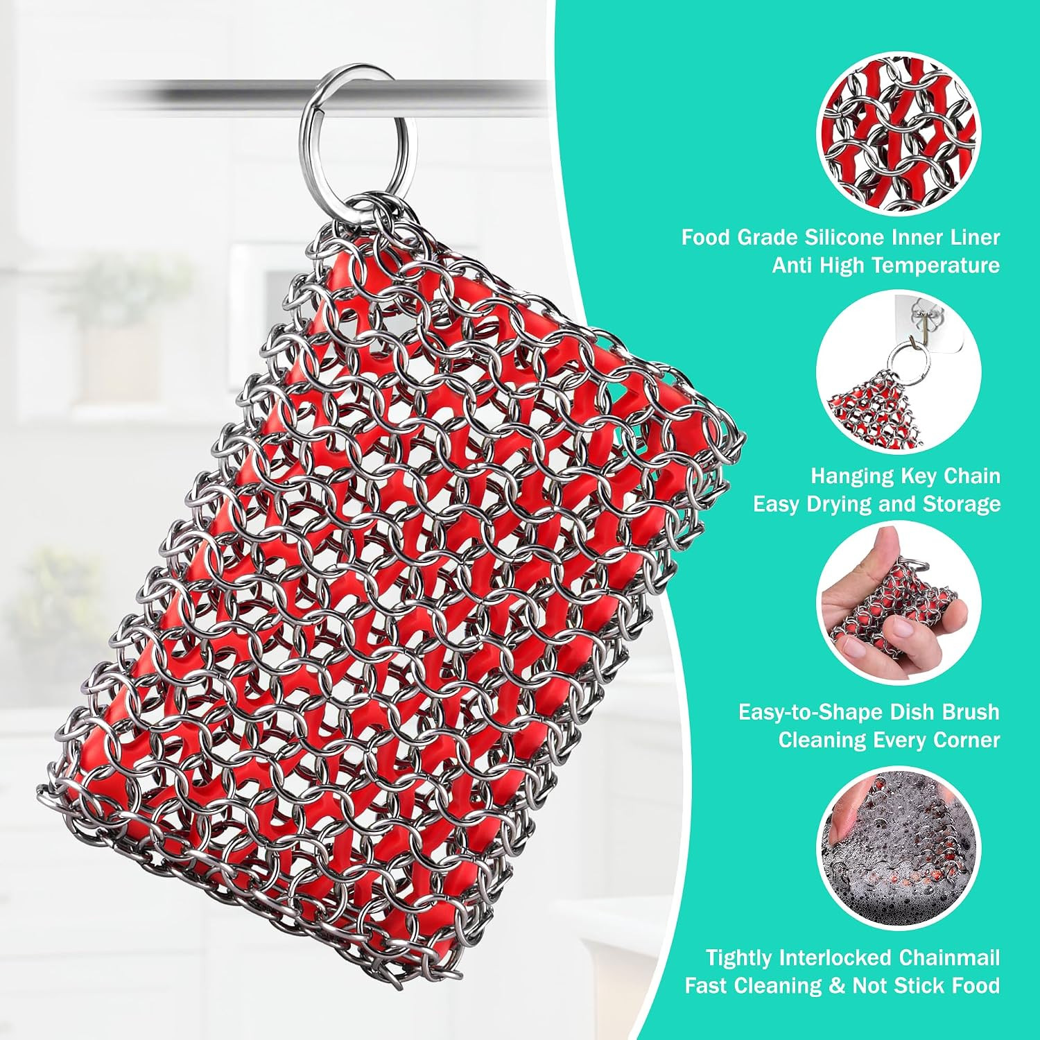 Cast Iron Chainmail Scrubber Stainless Steel Silicone Cleaner for Skillet Pan