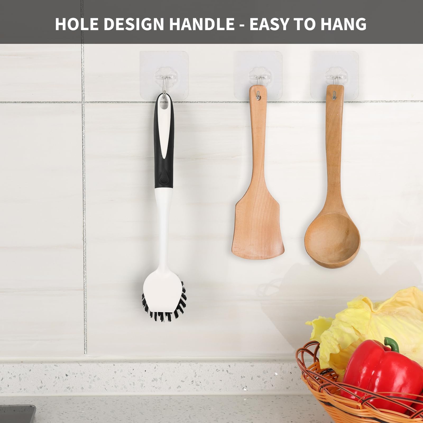 Dish Brush with Handle, 2 Pack Scrub Brushes with Built-in Scraper for Cleani…