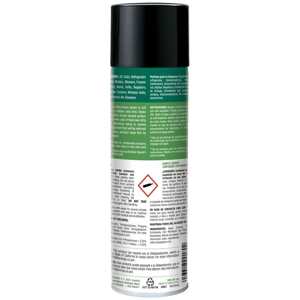 Simple Green 0110001213418 Foaming Coil Cleaner, 20 Oz Aerosol Can, White