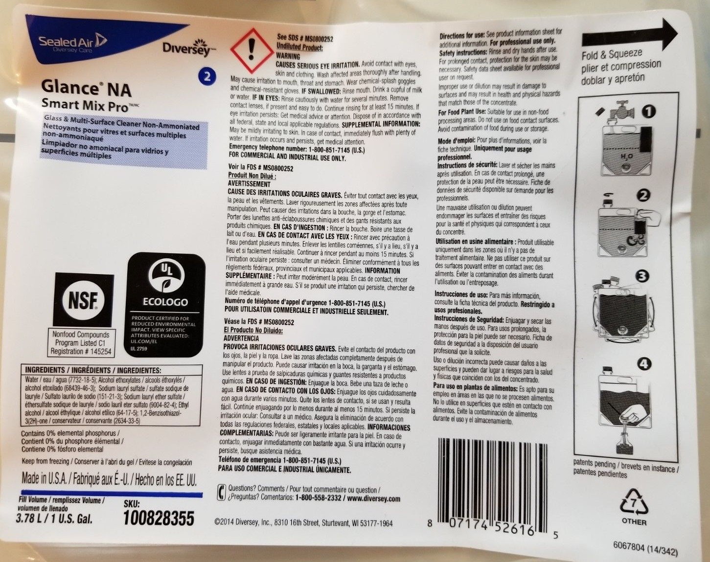 Diversey Glance Na Glass & Multi-Surface Cleaner, Smart Mix Pro Bag, 2 Pack