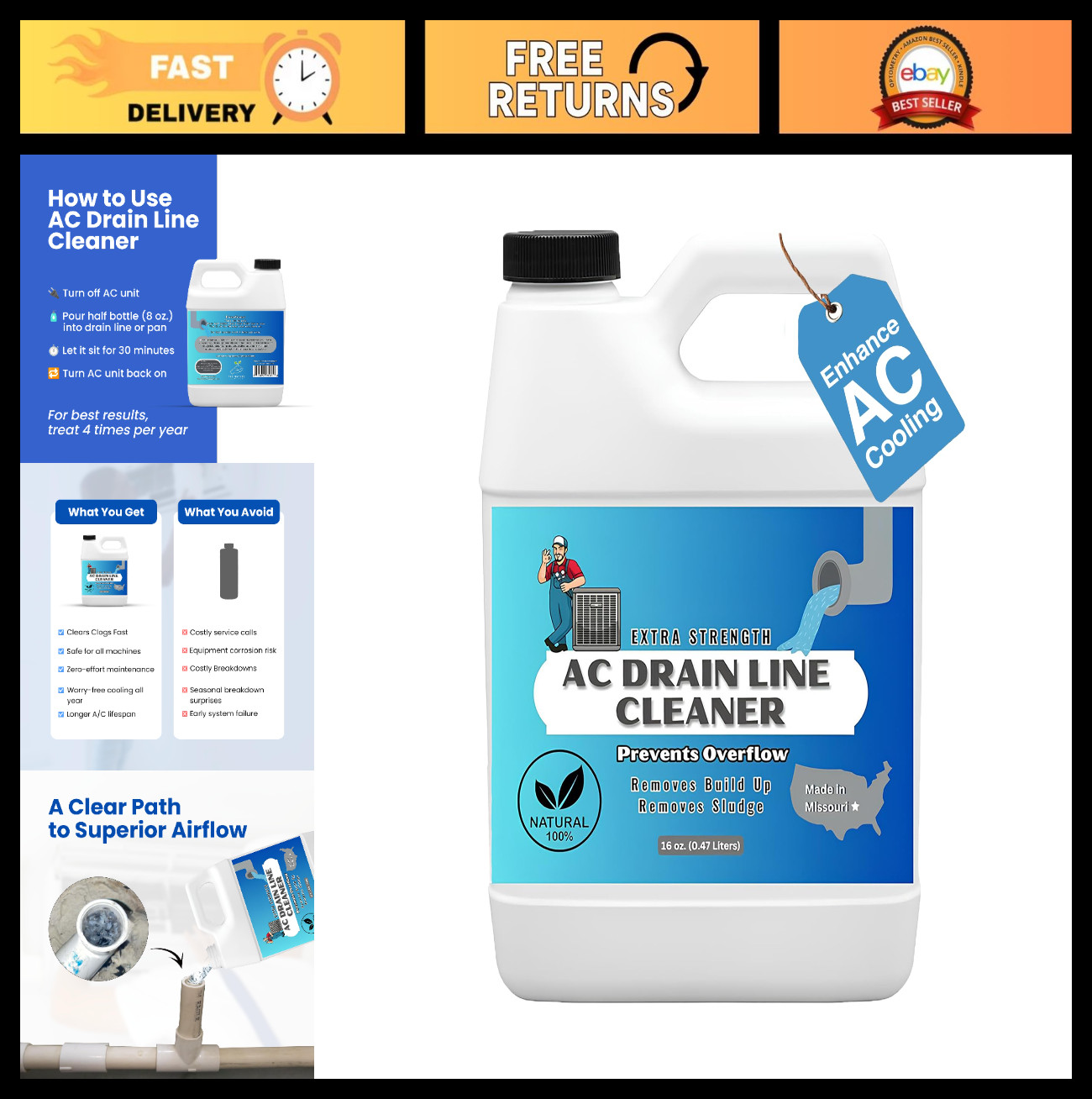 Extra Strength AC Drain Line Cleaner | Clears Clogs in HVAC & A/C Lines | Safe f